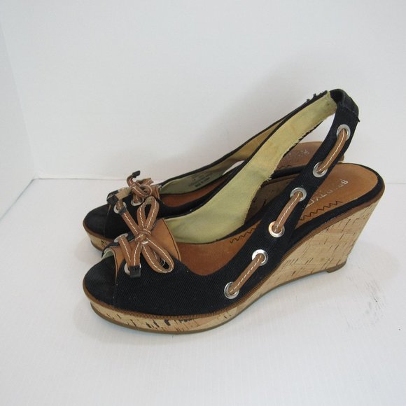 Sperry Black Wedge Sling Back Peep Toe Heels Sandals - Picture 1 of 10